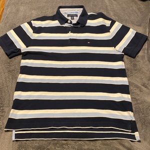 Navy, sky blue and white stripped collared shirt